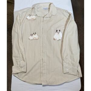 Vintage Donna USA Made Cat Embroidered Rhinestone Striped Button Shirt Women L
